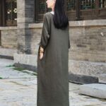 Buddha Stones Simple Midi Dress Cotton Linen Zen Tunic Dress With Pockets Midi Dress BS 2