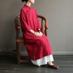 Buddha Stones Flower Jacquard Midi Dress Long Sleeve Cotton Linen Dress Wide Leg Pants With Pockets 31