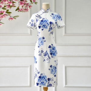 Buddha Stones Blue And White Porcelain Color Peony Flower Pattern Cheongsam Dress Women's Qipao Dress Cheongsam Dresses BS Bust 106cm/Waist 92cm/Hips 110cm