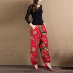Buddha Stones Ethnic Style Red Green Flowers Print Harem Pants With Pockets Women's Harem Pants BS 19