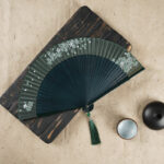 Buddha Stones Simple Cherry Flower Hollow Engraved Handheld Bamboo Folding Fan Folding Fan BS Dark Green 22cm