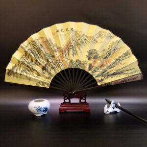 Buddha Stones Great Wall Mountains Trees Crane Bamboo Handheld Silk Bamboo Folding Fan 33.5cm Folding Fan BS Great Wall 33.5cm