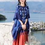 Buddha Stones Blue Flower Indigo Dyeing Shawl Tassels Cozy Pullover 90*95cm 2