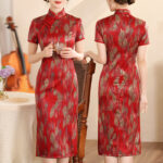 Buddha Stones Retro Flower Lotus Peony Feather Print Qipao Dress Women's Cheongsam Dress Cheongsam Dresses BS Red Feather Suitable for Weight 77.5kg