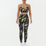 Buddha Stones 2Pcs Camo Print Backless Criss-Cross Strap Top Bra Shorts Leggings Pants Fitness Yoga Outfit Set 2-Piece Outfit BS Yellow Black 2Pcs(Top&Pants) L
