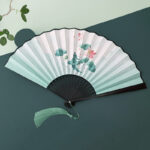 Buddha Stones Retro Lotus Flower Leaf Mountain Lake Handheld Folding Fan With Bamboo Frames Folding Fan BS Lotus Flower Leaf Black Bamboo Frames