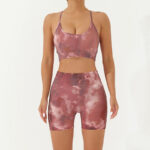 Buddha Stones 2Pcs Camo Print Backless Criss-Cross Strap Top Bra Shorts Leggings Pants Fitness Yoga Outfit Set 2-Piece Outfit BS Burgundy 2Pcs(Top&Shorts) L