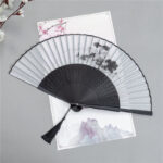 Buddha Stones Mountains Plum Blossom Lotus Magpie Bamboo Leaves Handheld Silk Bamboo Folding Fan 22.5cm 4