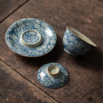 Buddha Stones Vintage Blue And White Porcelain Peach Blossom Lotus Peony Ceramic Gaiwan Sancai Teacup Kung Fu Tea Cup And Saucer With Lid Cup BS 3