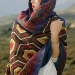 Buddha Stones Tibetan Shawl Brown Blue Red Geometric Shapes Pattern Winter Cozy Travel Scarf Wrap Tibetan Shawl BS 1