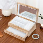 Buddha Stones Retro Beige Wooden Jewelry Box Two-Layer Jewelry Storage Box With Mirror - image 4