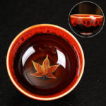 Buddha Stones Maple Leaf Colorful Ceramic Teacup Home Tea Cups Cup BS 8.5cm*4.5cm*120ml Red