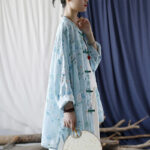 Buddha Stones Light Green Pink Flowers Green Leaves Frog-Button Long Sleeve Ramie Linen Jacket Shirt 6