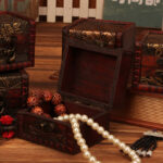 Buddha Stones Retro Small Square Wood Jewelry Box Lotus Grass Flower Grape Copper Coin Daffodil Jewelry Storage Box Jewelry Box BS 24
