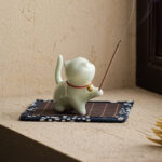 Buddha Stones Mini Lucky Cat Kitten Tea Pet Ceramic Home Desk Figurine Decoration With Bamboo Mat Decorations BS 12