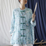 Buddha Stones Light Green Pink Flowers Green Leaves Frog-Button Long Sleeve Ramie Linen Jacket Shirt 31