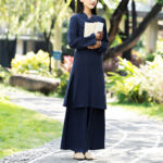 Buddha Stones 2Pcs Plain Long Sleeve Zen Yoga Clothing Meditation Clothing Top Pants Women's Set Clothes BS Navy Blue (Top&Pants) XXL(Suitable for Weight 72.5-80kg/Height 170-175cm)