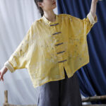 Buddha Stones Yellow Phoenix Print Frog-button Design Long Sleeve Ramie Linen Jacket Shirt Women's Shirts BS 10