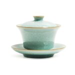 Buddha Stones Retro Green Ice Glaze Ceramic Gaiwan Sancai Teacup Kung Fu Tea Cup And Saucer With Lid Cup BS 13