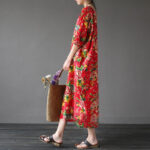 Buddha Stones Red Peony Flowers Printed Midi Dress Half Sleeve Cotton Linen Dress 3