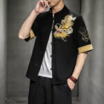 Buddha Stones Frog-Button Chinese Dragon Auspicious Cloud Embroidery Half Sleeve Shirt Cotton Linen Men Clothing Men's Shirts BS 5