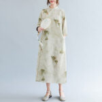 Buddha Stones Flowers Green Yellow Leaves Print Cheongsam Midi Dress Three Quarter Sleeve Dress With Pockets Cheongsam Dresses BS 2XL(Bust 114cm/Shoulder 43cm/Length 118cm)