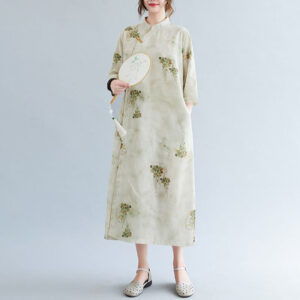 Buddha Stones Flowers Green Yellow Leaves Print Cheongsam Midi Dress Three Quarter Sleeve Dress With Pockets Cheongsam Dresses BS 2XL(Bust 114cm/Shoulder 43cm/Length 118cm)