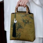 Buddha Stones Yellow Green Bamboo Leaves Bamboo Handles Handbag Handbags BS 9