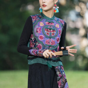 Buddha Stones Frog-Button Embroidery Flowers Cotton Linen Tang Suit Design Sleeveless Vest Waistcoat BS 2XL(Bust 108cm/Shoulder 39cm/Length 56cm)(Vest Only)