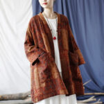 Buddha Stones Orange Flower Geometry Print Cotton Open Front Jacket With Pockets 2