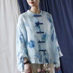 Buddha Stones Tie Dye Blue Flowers Frog-Button Design Long Sleeve Ramie Linen Jacket Shirt 10
