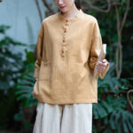 Buddha Stones Solid Color Loose Button Blouse Long Sleeve Shirt Top Long Sleeve Shirt BS 40