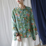 Buddha Stones Pink Flowers Green Leaves Print Frog-button Design Long Sleeve Ramie Linen Jacket Shirt Women's Shirts BS 41