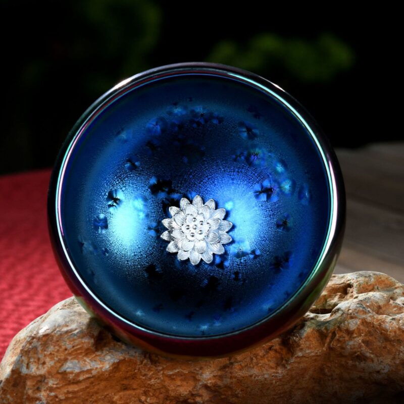 Buddha Stones Lotus Dragon Phoenix Koi Fish Peacock Chinese Jianzhan Inlaid Silver Kiln Change Ceramic Teacup Kung Fu Tea Cup Jian Zhan Tea Cup BS Lotus 8cm*6cm*150ml