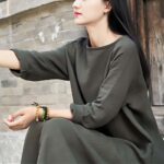 Buddha Stones Simple Midi Dress Cotton Linen Zen Tunic Dress With Pockets Midi Dress BS 4