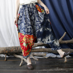 Buddha Stones Blue Red Peony Flowers Patchwork Cotton Linen Harem Pants With Pockets Women's Harem Pants BS F(Waist 68-100cm/Length 86cm)