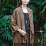Buddha Stones Hanfu Design Three Quarter Sleeve Ramie Linen Coat Open Front Top Jacket Coat BS 20