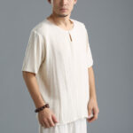 Buddha Stones Men's Solid Color Round Neck Short Sleeve Cotton Linen Shirt Men's Shirts BS 14