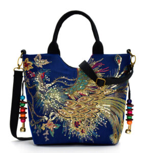 Buddha Stones Peacock Double-sided Embroidery Tote Bag Shoulder Bag Crossbody Bag Bag BS Dark Blue Peacock Shoulder Bag/Tote Bag