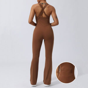 Buddha Stones Women Workout Crisscross Sleeveless Flare Jumpsuit Sports Fitness Yoga Bodysuit Bodysuit BS Brown XL(Bust 82cm/Waist 73cm/Hips 86cm)