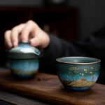 Buddha Stones Ceramic Teacup Deer Mountain Trees Lovely Cat Black Tea Cup With Lid and Bag Cup BS 2