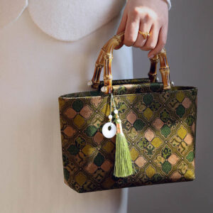 Buddha Stones Green Leaves Handbag Metal Chain Crossbody Bag Shoulder Bag Cellphone Bag Handbags BS Bamboo Handle Tassel Bag 22*16*7cm