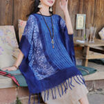Buddha Stones Blue Geometric Stripes Batik Shawl Tassels Cozy Travel Pullover 90*95cm 9