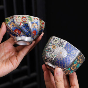 Buddha Stones 999 Sterling Silver Gilding Chrysanthemum Flowers Ceramic Teacup Kung Fu Tea Cup Cup BS main