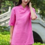 Buddha Stones 2Pcs Half Sleeve V-Neck Shirt Top Pants Meditation Zen Tai Chi Linen Clothing Women's Set Women's Meditation Cloth BS 16