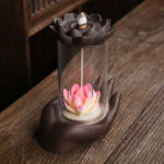 Buddha Stones Buddha Hand Lotus Enlightenment LED Light Purple Clay Ceramic Incense Burner Decoration Incense Burner BS 1