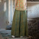 Buddha Stones Green Yellow Ramie Linen Flexible Waistband Wide Leg Pants With Pockets Women's Wide Leg Pants BS 8