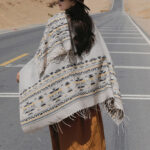 Buddha Stones Tibetan Shawl Colorful Geometry Winter Cozy Travel Scarf Wrap Tibetan Shawl BS Beige 150*130cm