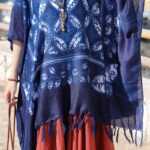 Buddha Stones Blue Flower Indigo Dyeing Shawl Tassels Cozy Pullover 90*95cm 5