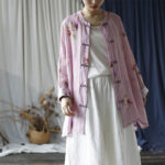 Buddha Stones Pink Flower Print Frog-button Design Batwing Long Sleeve Ramie Linen Jacket Shirt Women's Shirts BS Pink Flower Long Style(Bust 174cm/Shoulder 99cm/Length 76cm)(Jacket Only)